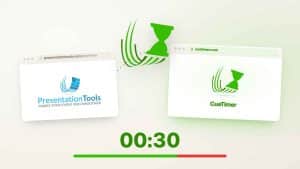 Two browser windows displayed side by side on a light background. The left window shows the logo and tagline of PresentationTools, while the right window displays the CueTimer logo. A countdown timer reads 00:30, with a green progress bar beneath.